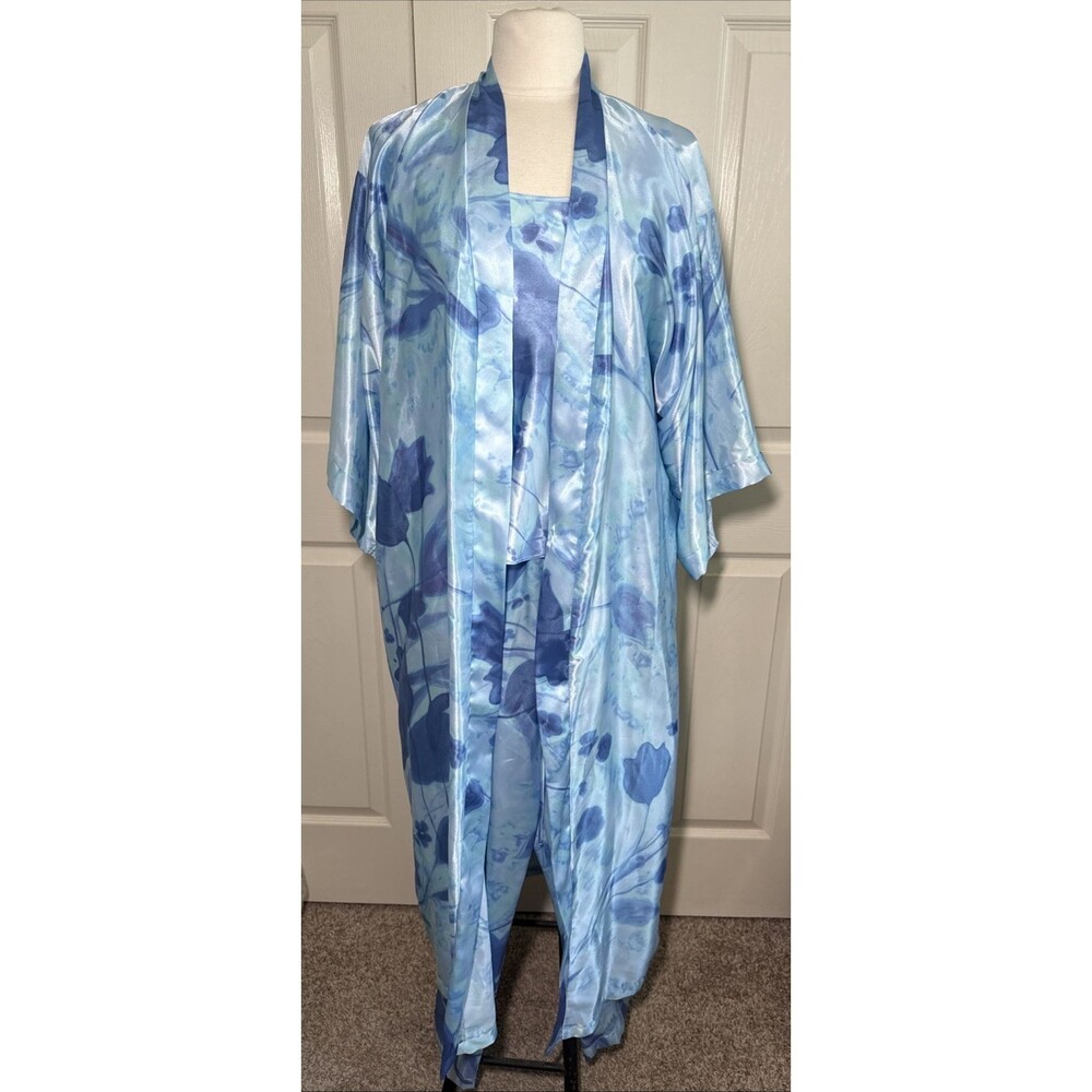 Private Luxuries 3 Pc Pajama Set Satin Blue Floral - Cami, Pants & Robe Sz M
